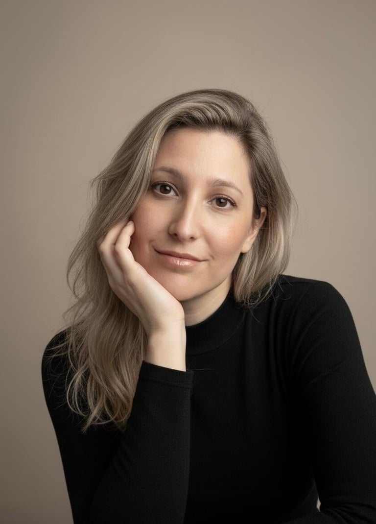 Portrait of a woman with long gray hair wearing a black long-sleeved top, resting her face on her hand against a neutral beige background
