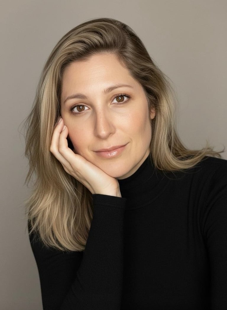 Woman with long ash-blonde hair wearing black, resting her chin on her hand against a neutral gray background