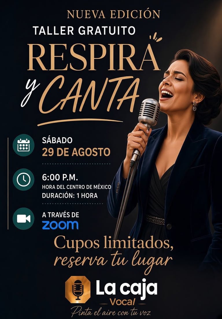 Poster for free online singing workshop Respira y Canta on August 29 at 6 PM via Zoom, featuring a woman with a microphone
