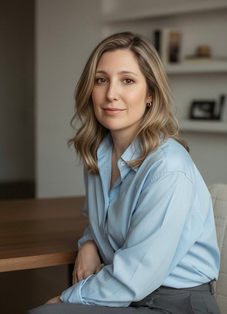Professional headshot of a woman with shoulder-length brown hair wearing a light blue button-up shirt, seated indoors with shelving visible in the background