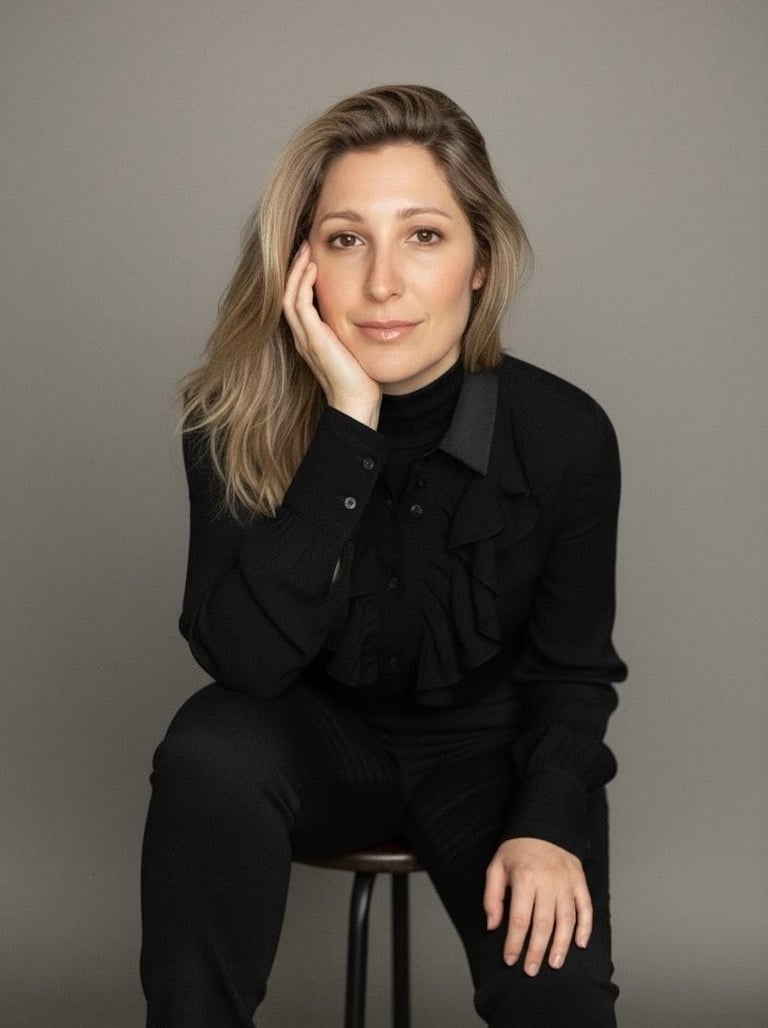 Woman with shoulder-length blonde hair wearing black shirt, resting head on hand while sitting on stool against gray background