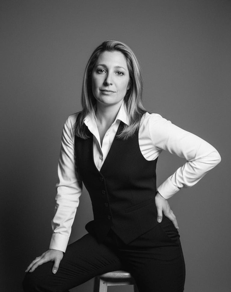 Professional black and white portrait of a woman in business attire seated, wearing a white shirt and black vest